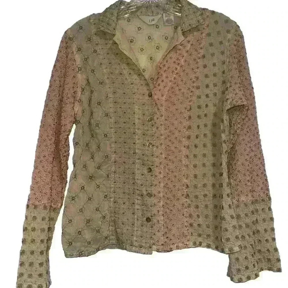 J. Jill Collared Embroidered Floral Crinkle XS Button Down Blouse BOHO hippie - Picture 1 of 7